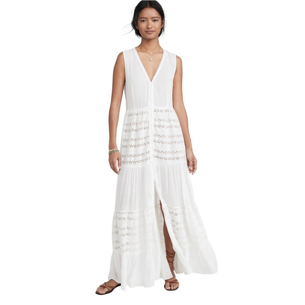 Playa‎ Lucila White Eyelet Tiered Maxi Dress Lace V-Neck Button Front Medium